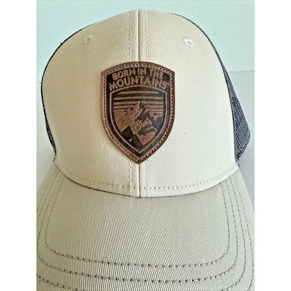 Kuhl Snap Back Trucker Hat Born In The Mountains Leather Patch Tan w/ Gray Mesh - Picture 2 of 5